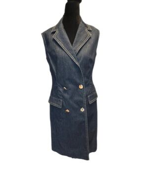 Escada Vintage Denim Blazer Dress 36 Gold Button Sleeveless Tailored Navy